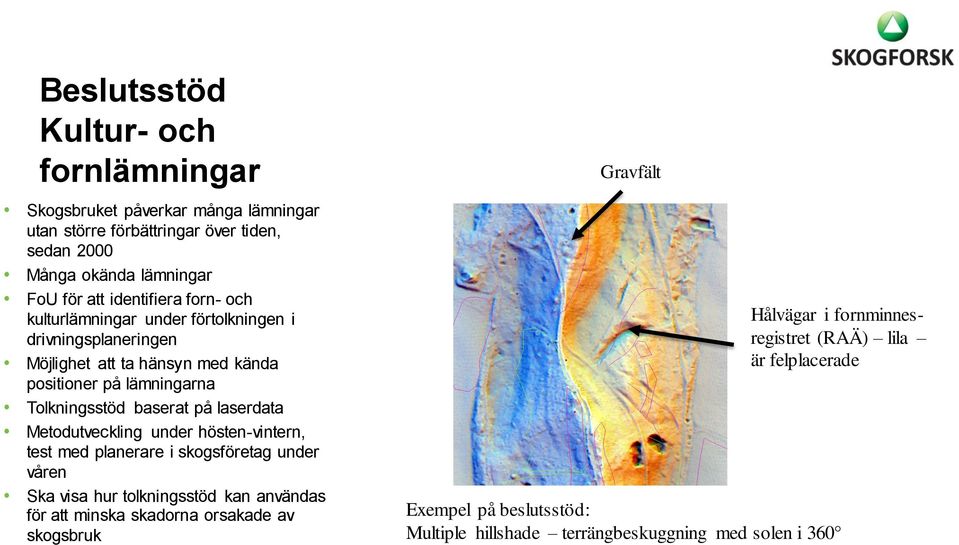 på laserdata Metodutveckling under hösten-vintern, test med planerare i skogsföretag under våren Ska visa hur tolkningsstöd kan användas för att minska skadorna