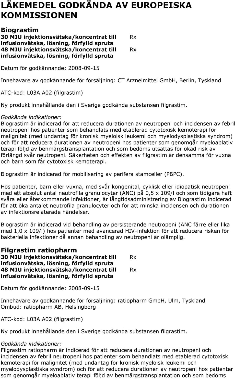 Biograstim är indicerad för att reducera durationen av neutropeni och incidensen av febril neutropeni hos patienter som behandlats med etablerad cytotoxisk kemoterapi för malignitet (med undantag för