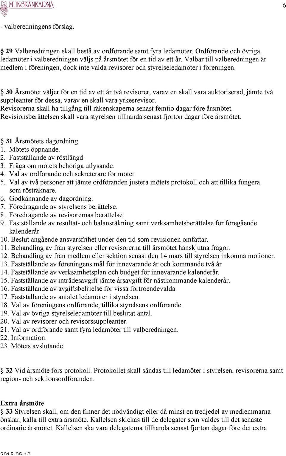 30 Årsmötet väljer för en tid av ett år två revisorer, varav en skall vara auktoriserad, jämte två suppleanter för dessa, varav en skall vara yrkesrevisor.