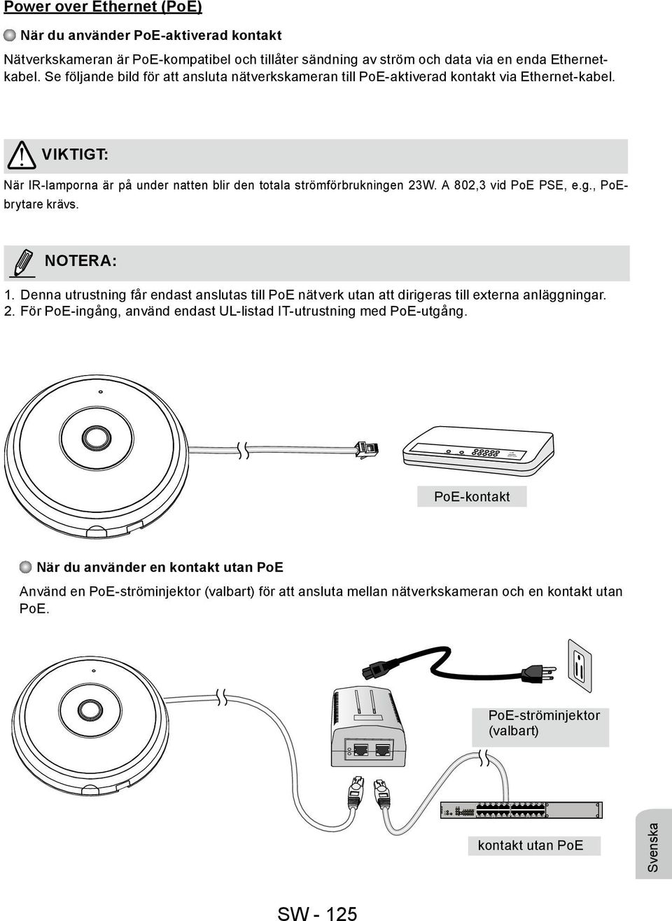 A 802,3 vid PoE PSE, e.g., PoEbrytare krävs. NOTERA: 1. Denna utrustning får endast anslutas till PoE nätverk utan att dirigeras till externa anläggningar. 2.