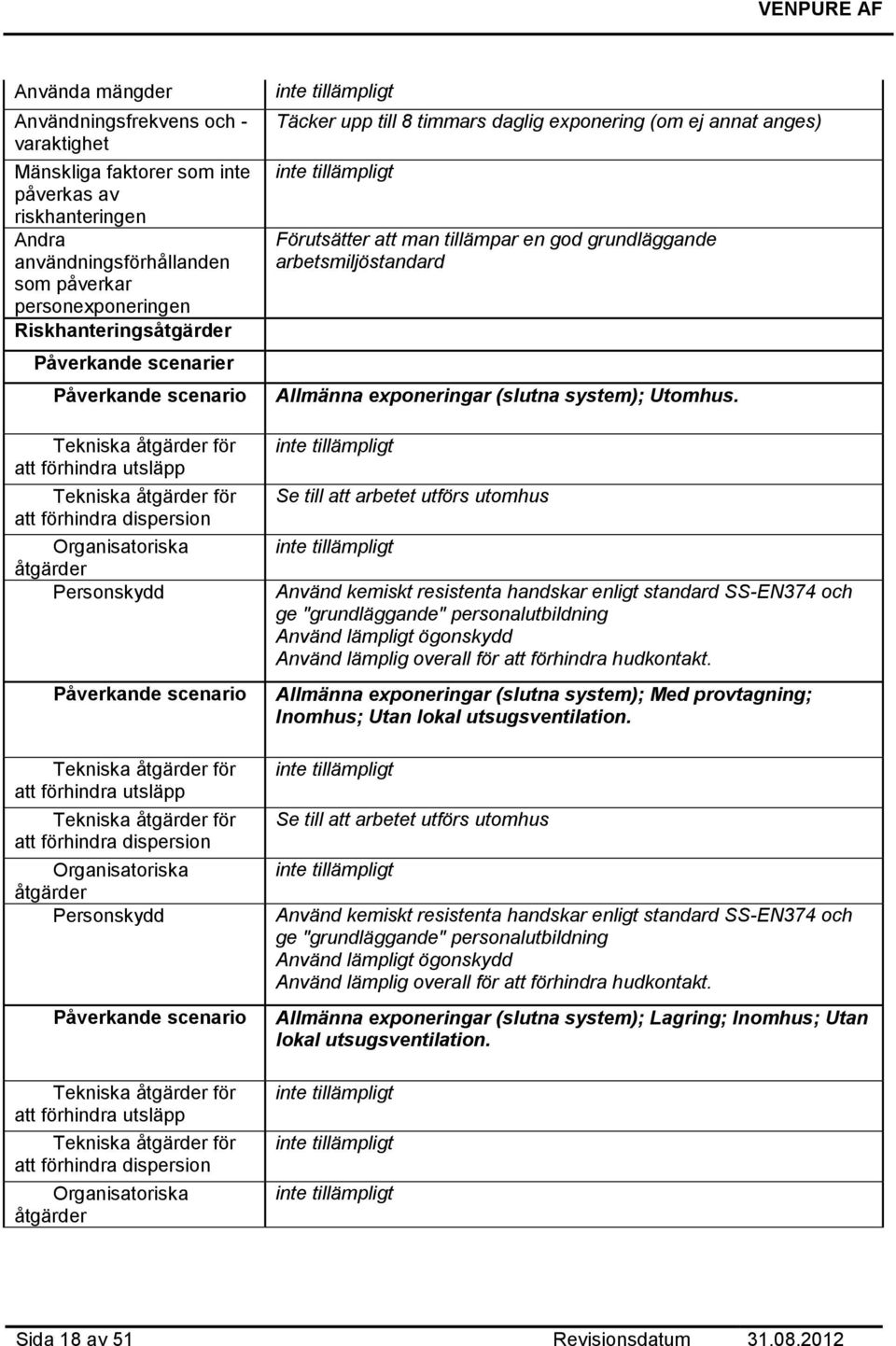 arbetsmiljöstandard Allmänna exponeringar (slutna system); Utomhus.