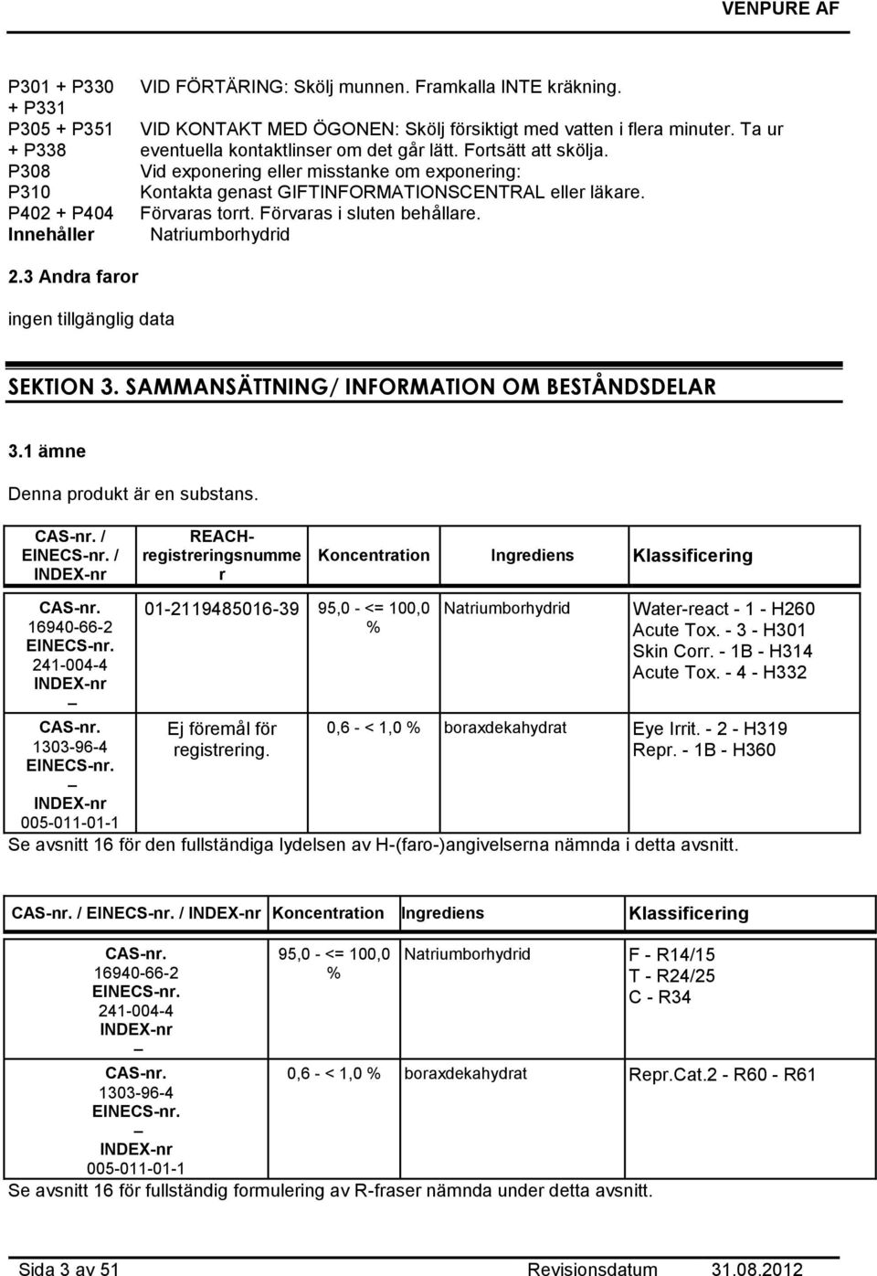 Förvaras i sluten behållare. Natriumborhydrid 2.3 Andra faror ingen tillgänglig data SEKTION 3. SAMMANSÄTTNING/ INFORMATION OM BESTÅNDSDELAR 3.1 ämne Denna produkt är en substans. CAS-nr. / EINECS-nr.