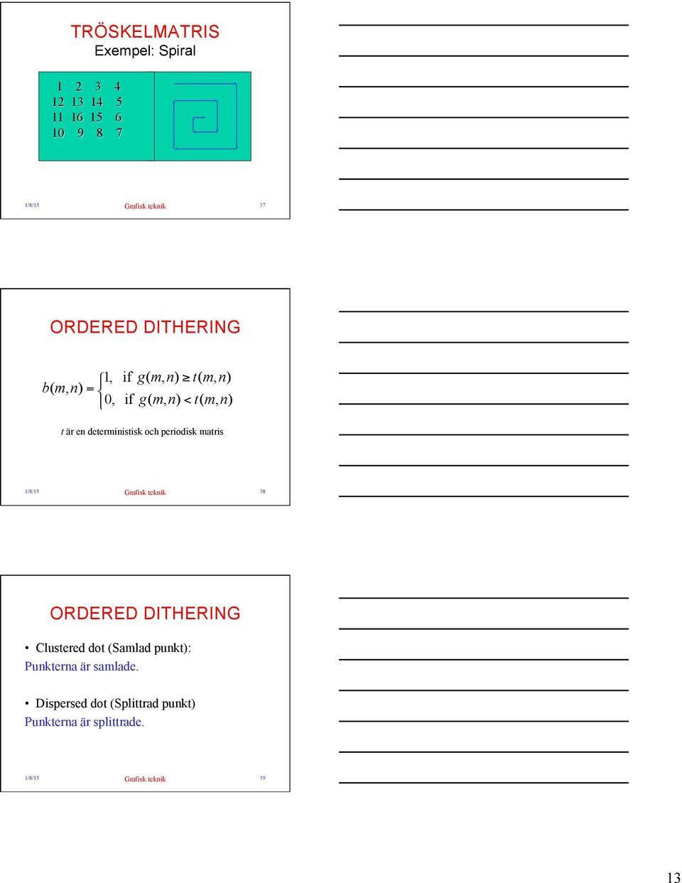 periodisk matris 1/8/15 Grafisk teknik 38 ORDERED DITHERING Clustered dot (Samlad punkt):