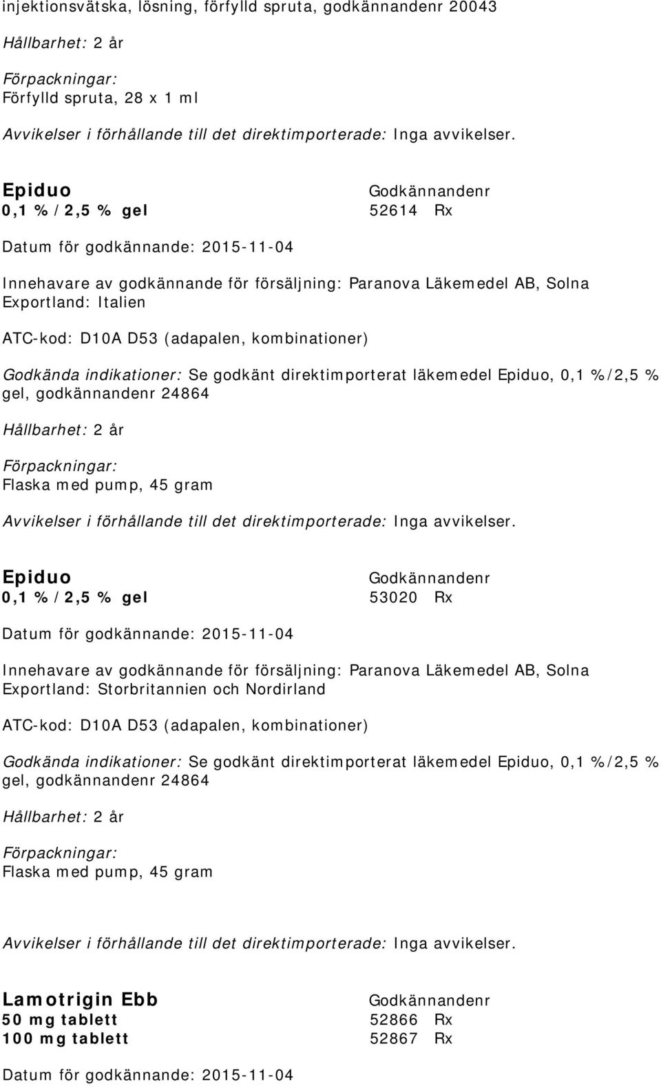 gram Epiduo 0,1 %/2,5 % gel 53020 Rx Innehavare av godkännande för försäljning: Paranova Läkemedel AB, Solna Exportland: Storbritannien och Nordirland ATC-kod: D10A D53 (adapalen,