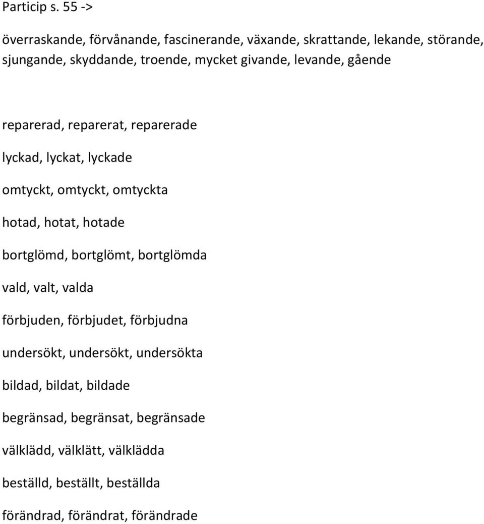 givande, levande, gående reparerad, reparerat, reparerade lyckad, lyckat, lyckade omtyckt, omtyckt, omtyckta hotad, hotat, hotade