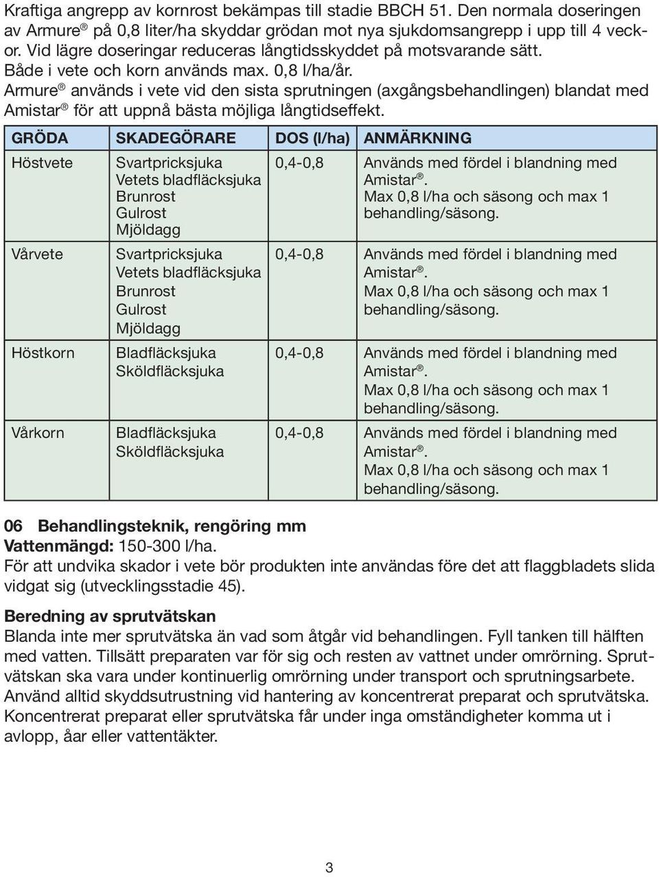 Armure används i vete vid den sista sprutningen (axgångsbehandlingen) blandat med Amistar för att uppnå bästa möjliga långtidseffekt.