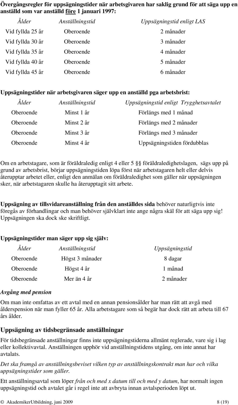 arbetsgivaren säger upp en anställd pga arbetsbrist: Ålder Anställningstid Uppsägningstid enligt Trygghetsavtalet Oberoende Minst 1 år Förlängs med 1 månad Oberoende Minst 2 år Förlängs med 2 månader