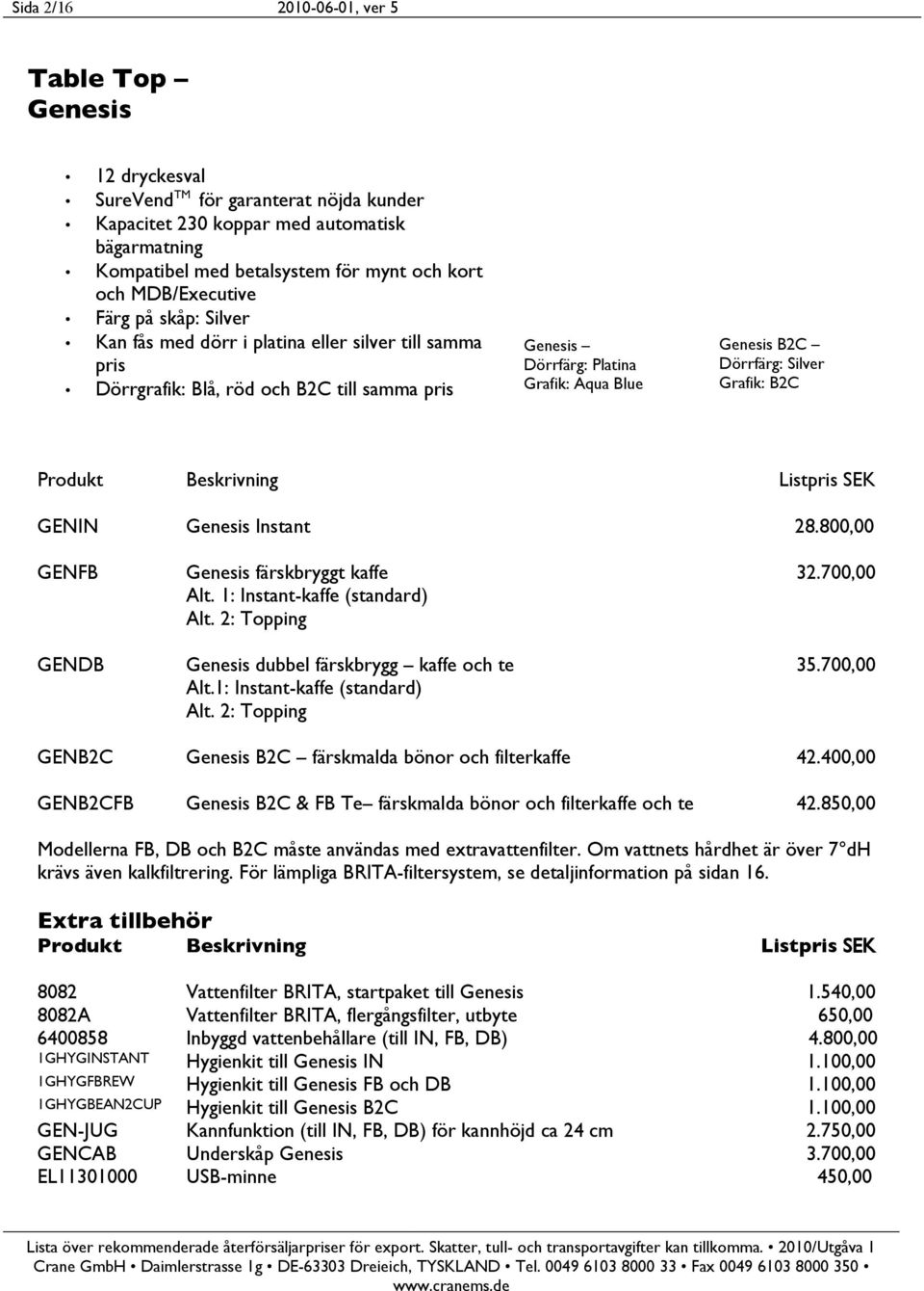 Dörrfärg: Silver Grafik: B2C GENIN Genesis Instant 28.800,00 GENFB GENDB GENB2C GENB2CFB Genesis färskbryggt kaffe Alt. 1: Instant-kaffe (standard) Alt.