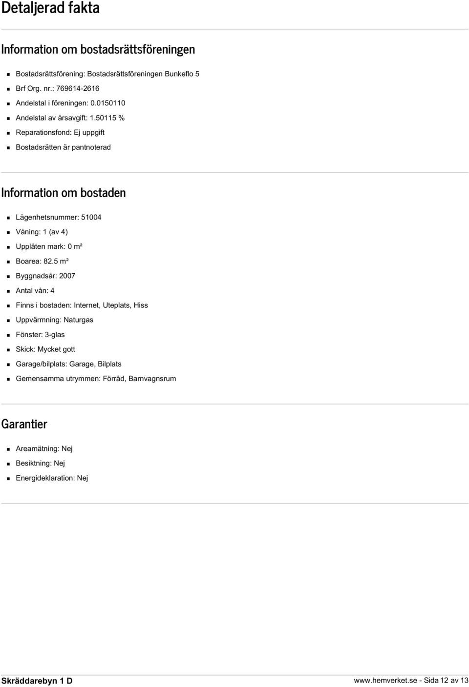 50115 % Reparationsfond: Ej uppgift Bostadsrätten är pantnoterad Information om bostaden Lägenhetsnummer: 51004 Våning: 1 (av 4) Upplåten mark: 0 m² Boarea: 82.