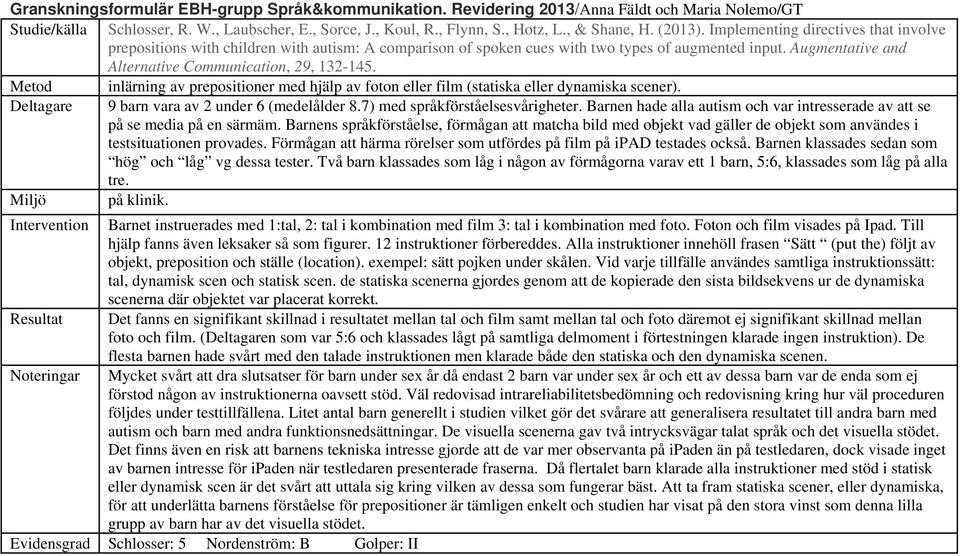 Augmentative and Alternative Communication, 29, 132-145. Metod inlärning av prepositioner med hjälp av foton eller film (statiska eller dynamiska scener).