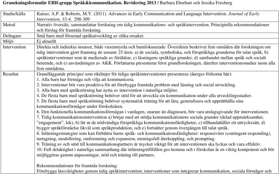 Principiella rekommendationer och förslag för framtida forskning. Små barn med försenad språkutveckling av olika orsaker.