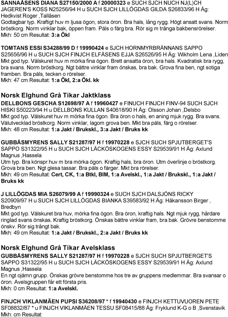 Mkh: 50 cm Resultat: 3:a Ökl TOMTANS ESSI S34288/99 D f 19990424 e SJCH HORNMYRBRÄNNANS SAPPO S25656/96 H u SUCH SJCH FINJCH ELFÅSENS EJJA S26526/95 H Äg: Wikholm Lena,Liden Mkt god typ.