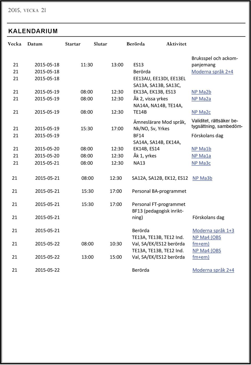 språk, Validitet, rättsäker betygsättning, sambedöm- 21 2015 05 19 15:30 17:00 Nk/NO, Sv, Yrkes 21 2015 05 19 BF14 Förskolans dag 21 2015 05 20 08:00 12:30 SA14A, SA14B, EK14A, EK14B, ES14 NP Ma1b 21