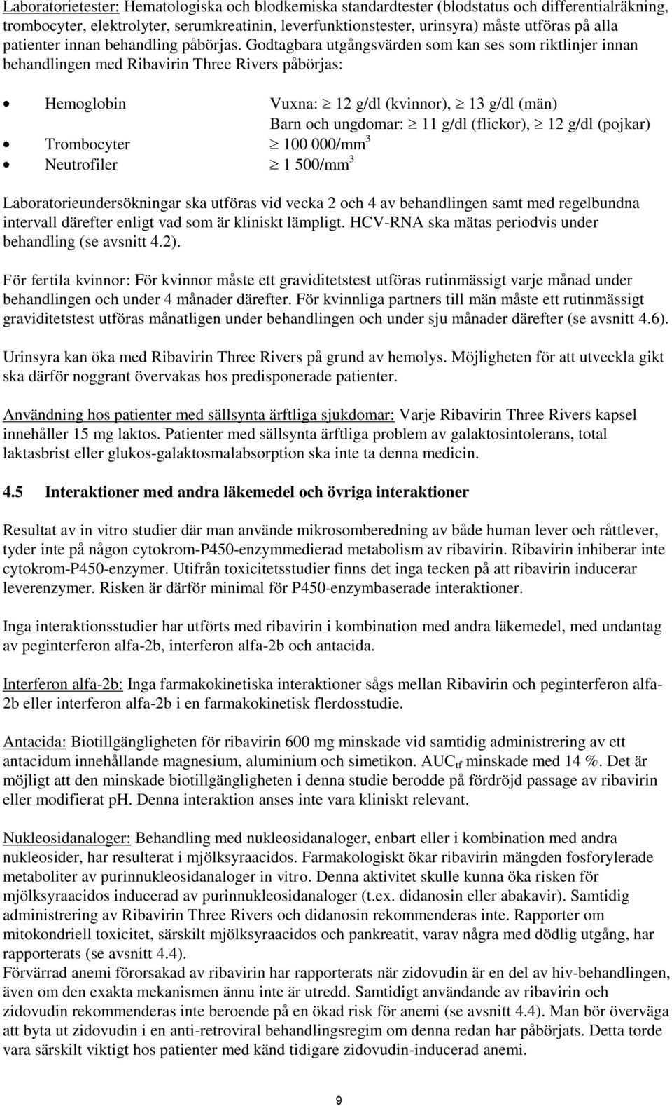 Godtagbara utgångsvärden som kan ses som riktlinjer innan behandlingen med Ribavirin Three Rivers påbörjas: Hemoglobin Vuxna: 12 g/dl (kvinnor), 13 g/dl (män) Barn och ungdomar: 11 g/dl (flickor), 12