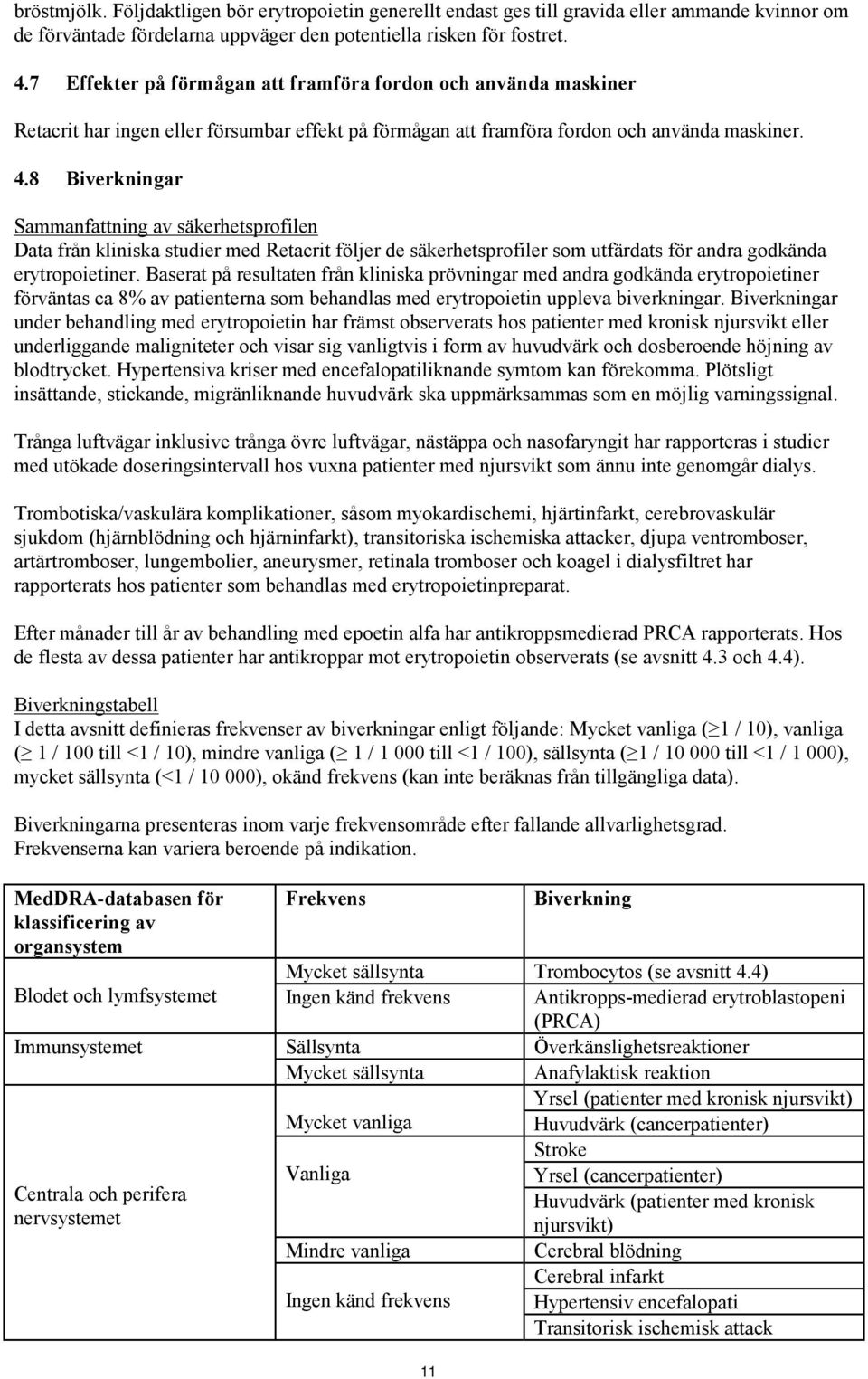 8 Biverkningar Sammanfattning av säkerhetsprofilen Data från kliniska studier med Retacrit följer de säkerhetsprofiler som utfärdats för andra godkända erytropoietiner.