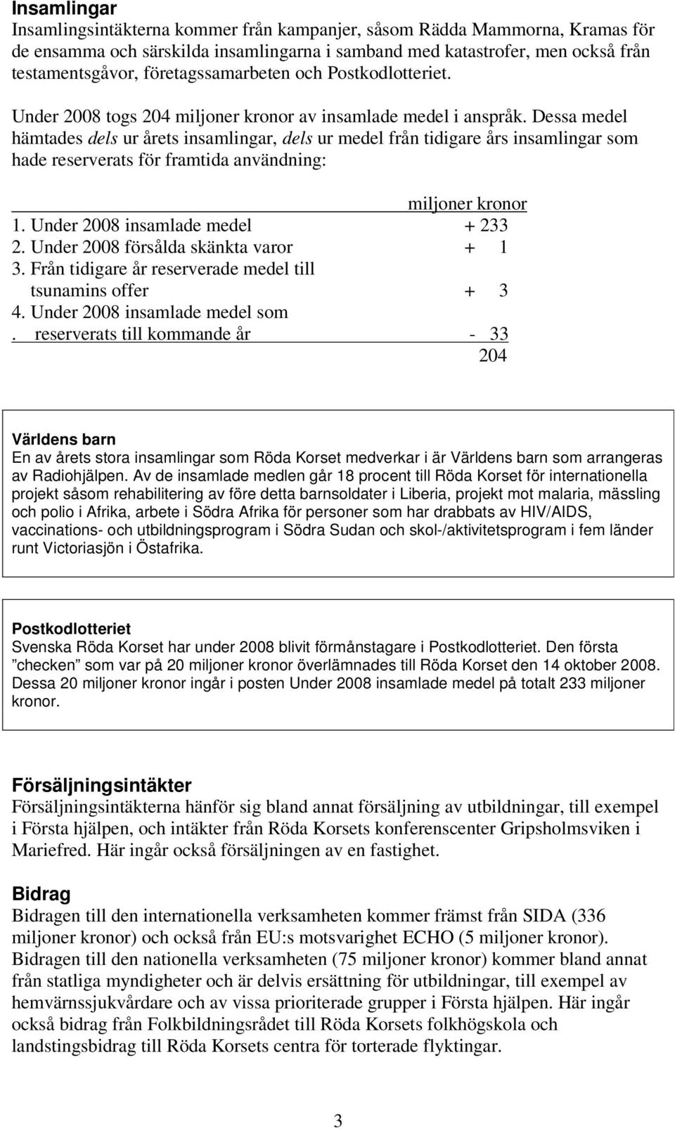 Dessa medel hämtades dels ur årets insamlingar, dels ur medel från tidigare års insamlingar som hade reserverats för framtida användning: miljoner kronor 1. Under 2008 insamlade medel + 233 2.