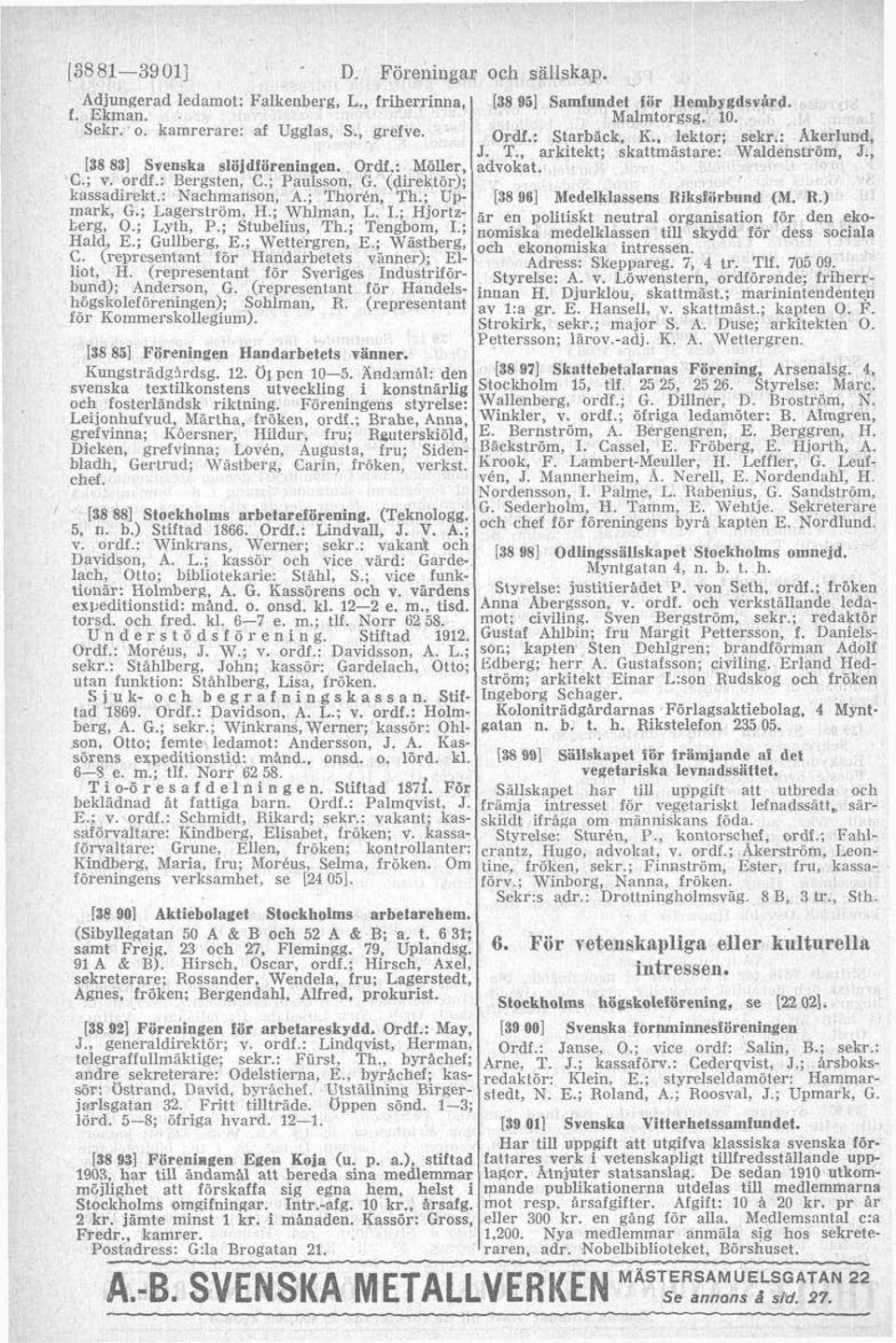 ; Wettergrtn, E,; Wastberg; C. (representant för Handarbetets vanner); Elliot, H. (representant for Sveriges Industriforhund); Anderson, G. (representant för Handelshogskoleforeningen); Soblman, R.