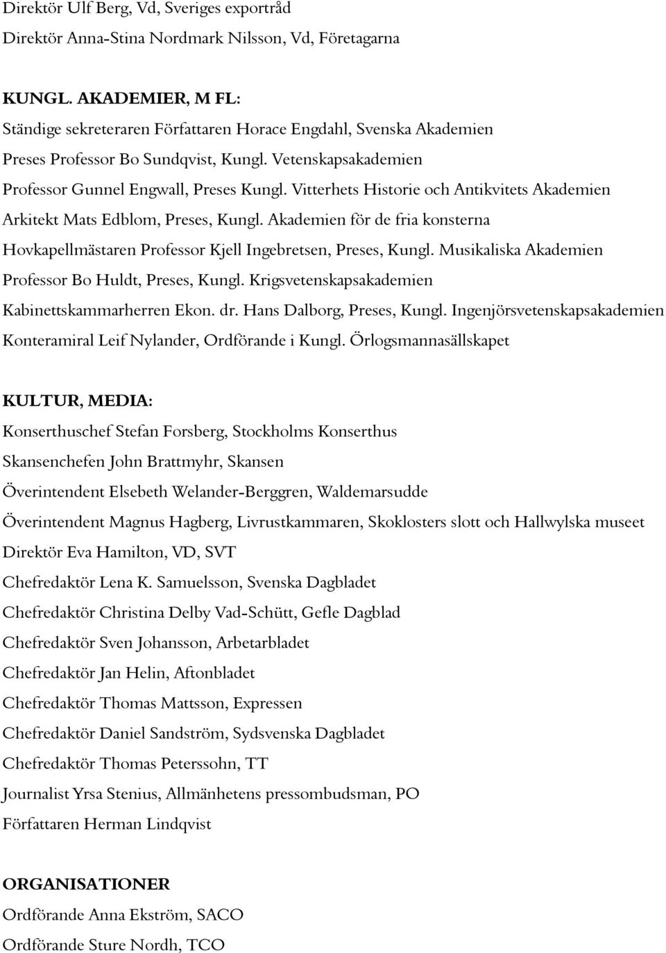 Vitterhets Historie och Antikvitets Akademien Arkitekt Mats Edblom, Preses, Kungl. Akademien för de fria konsterna Hovkapellmästaren Professor Kjell Ingebretsen, Preses, Kungl.