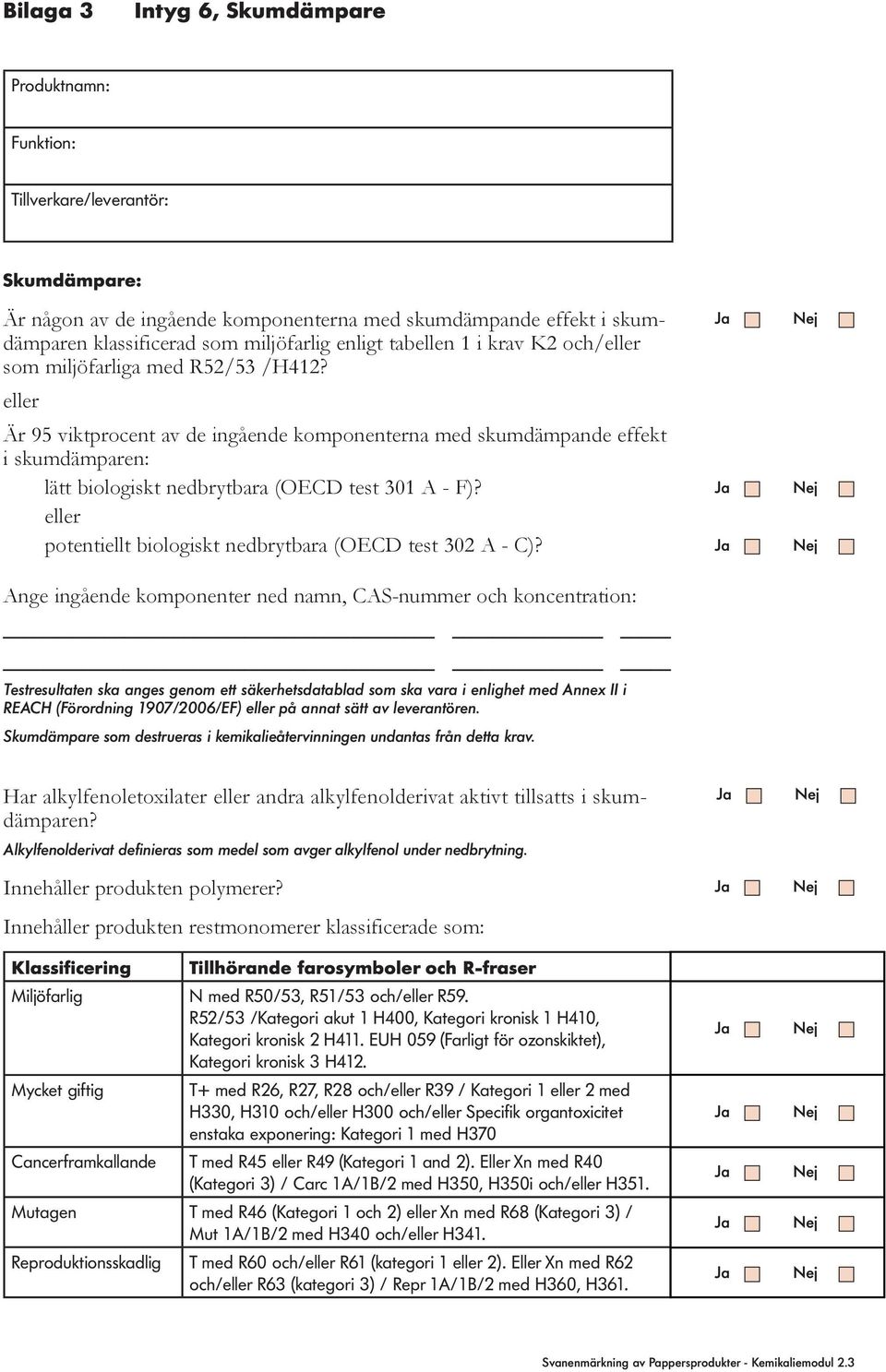 eller Är 95 viktprocent av de ingående komponenterna med skumdämpande effekt i skumdämparen: lätt biologiskt nedbrytbara (OECD test 301 A - F)?