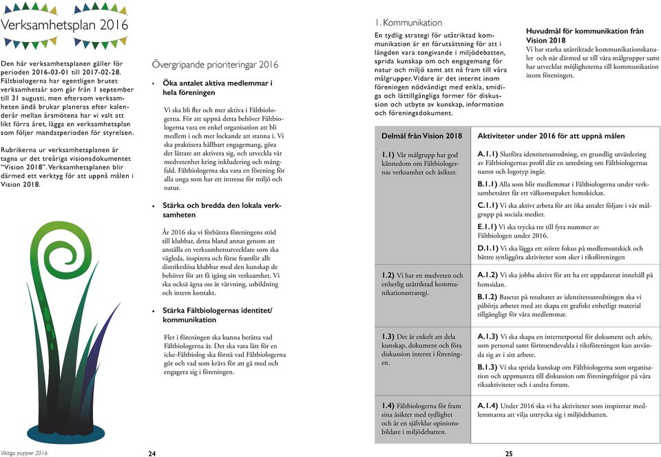 förra året, lägga en verksamhetsplan som följer mandatperioden för styrelsen. Rubrikerna ur verksamhetsplanen är tagna ur det treåriga visionsdokumentet Vision 2018.