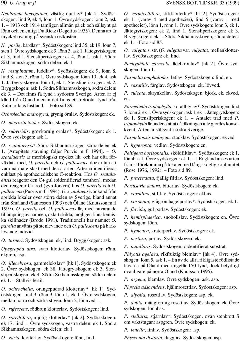 Sydöstskogen: lind 35, ek 19, lönn 7, sten 1. Övre sydskogen: ek 9, lönn 3, ask 1. Jättegrytskogen: ek 3, lind 1. Stensliperiskogen: ek 4, lönn 1, ask 1. Södra Sikhamnsskogen, södra delen: ek 1. N.