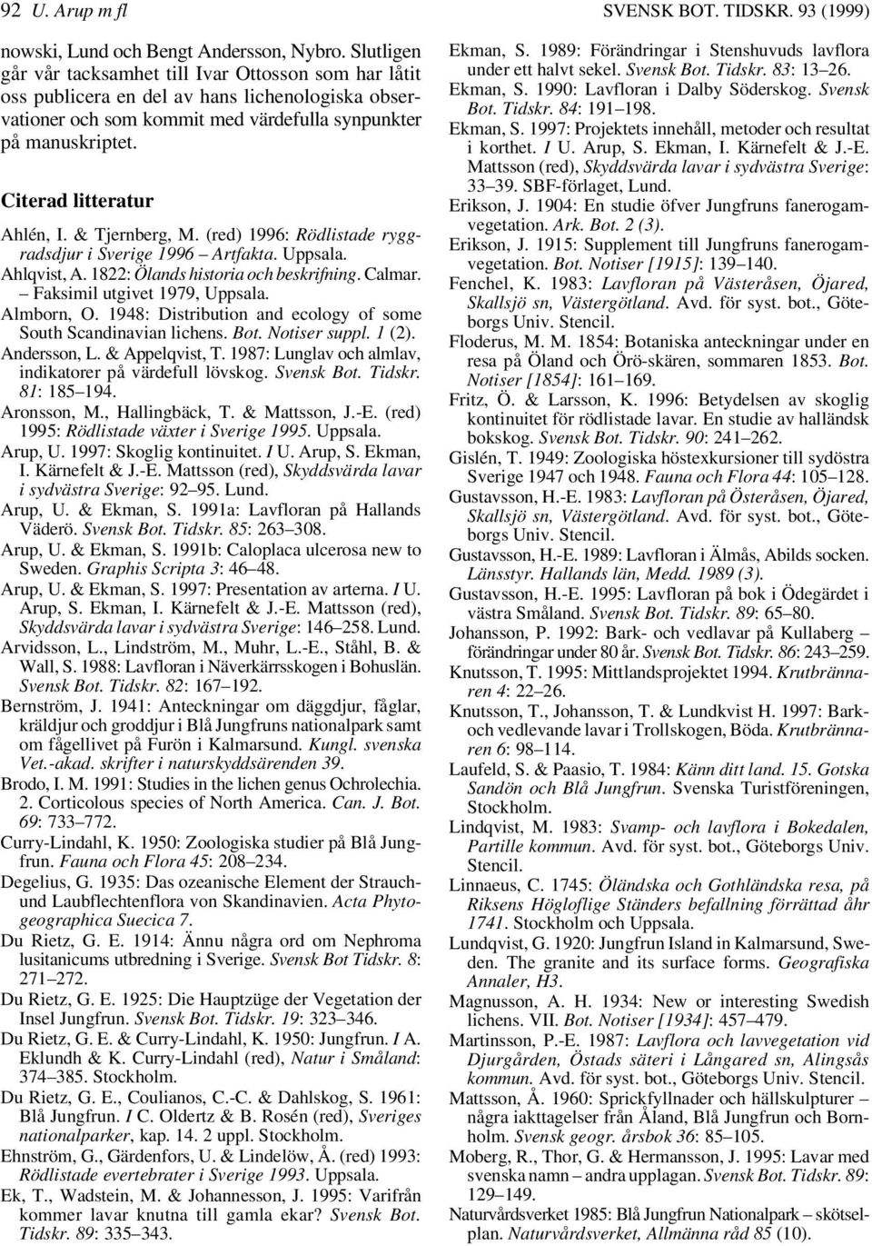 Citerad litteratur Ahlén, I. & Tjernberg, M. (red) 1996: Rödlistade ryggradsdjur i Sverige 1996 Artfakta. Uppsala. Ahlqvist, A. 1822: Ölands historia och beskrifning. Calmar.