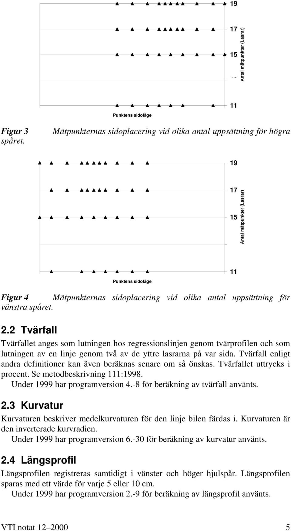 vänstra spåret. 2.2 Tvärfall Tvärfallet anges som lutningen hos regressionslinjen genom tvärprofilen och som lutningen av en linje genom två av de yttre lasrarna på var sida.