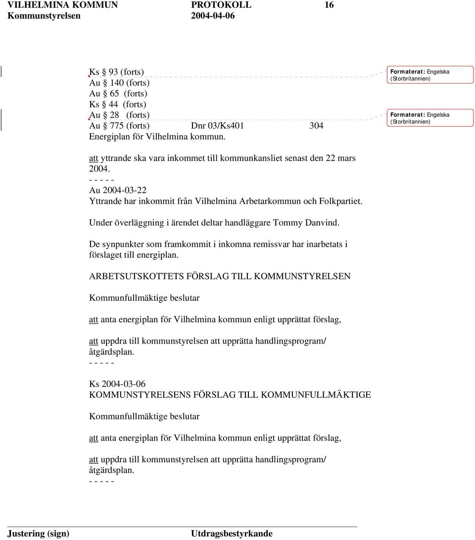 Au 2004-03-22 Yttrande har inkommit från Vilhelmina Arbetarkommun och Folkpartiet. Under överläggning i ärendet deltar handläggare Tommy Danvind.