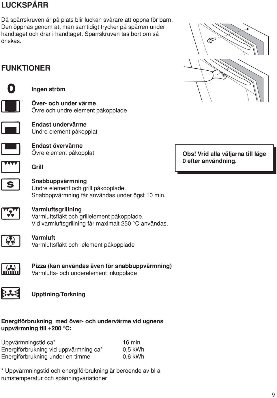 FUNKTIONER Ingen ström Över- och under värme Övre och undre element påkopplade Endast undervärme Undre element påkopplat Endast övervärme Övre element påkopplat Grill Obs!