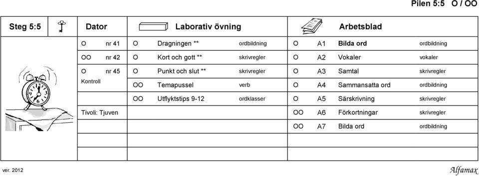 skrivregler O A3 Samtal skrivregler Kontroll OO Temapussel verb O A4 Sammansatta ord ordbildning OO