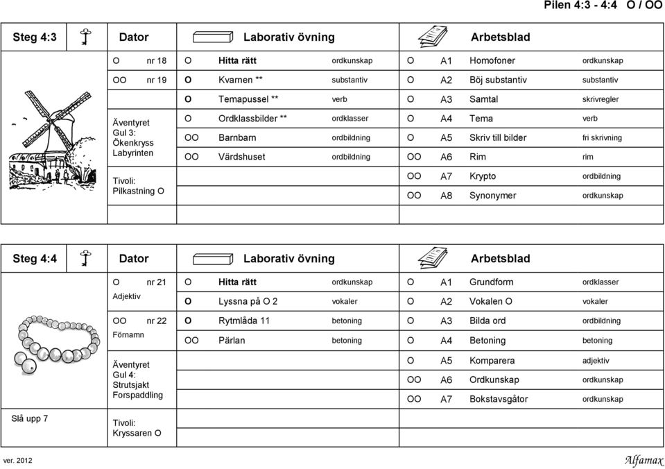 ordbildning OO A6 Rim rim OO A7 Krypto ordbildning OO A8 Synonymer ordkunskap Steg 4:4 Dator Laborativ övning Arbetsblad O nr 21 O Hitta rätt ordkunskap O A1 Grundform ordklasser Adjektiv O Lyssna på