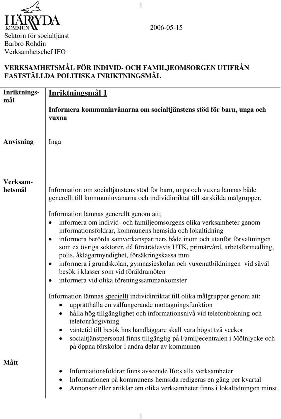 Information lämnas generellt genom att; informera om individ- och familjeomsorgens olika verksamheter genom informationsfoldrar, kommunens hemsida och lokaltidning informera berörda