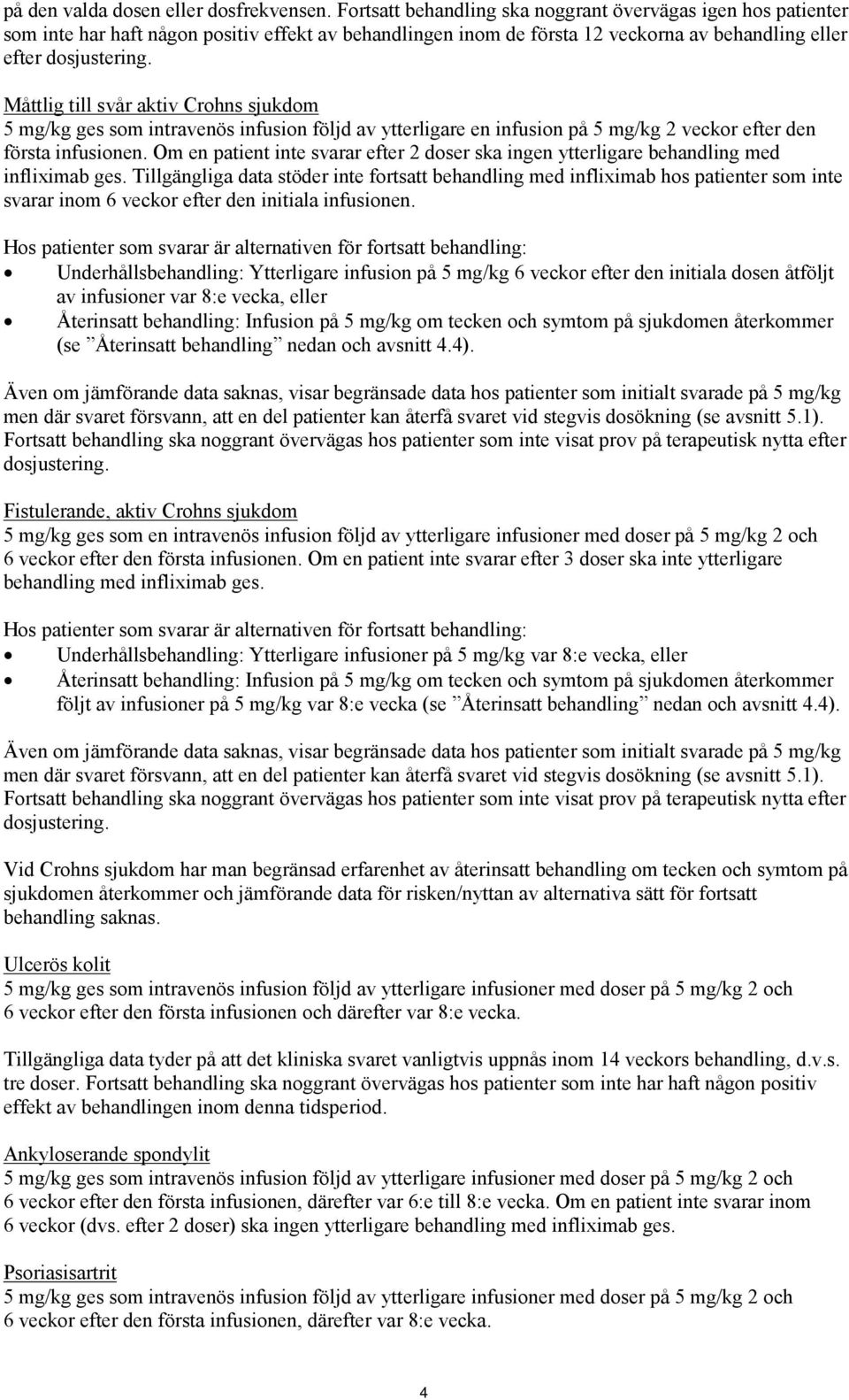 Måttlig till svår aktiv Crohns sjukdom 5 mg/kg ges som intravenös infusion följd av ytterligare en infusion på 5 mg/kg 2 veckor efter den första infusionen.