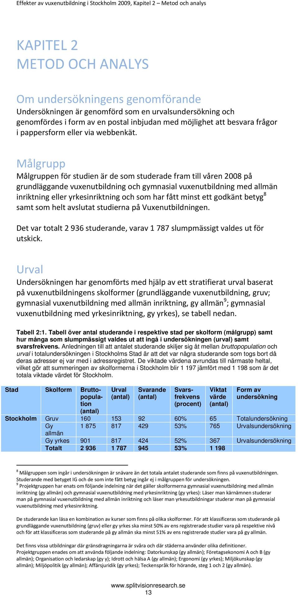 Målgrupp Målgruppen för studien är de som studerade fram till våren 2008 på grundläggande vuxenutbildning och gymnasial vuxenutbildning med allmän inriktning eller yrkesinriktning och som har fått