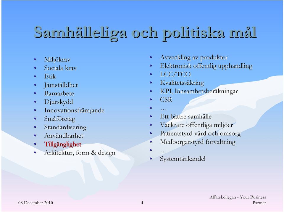 Elektronisk offentlig upphandling LCC/TCO Kvalitetssäkring KPI, lönsamhetsberl nsamhetsberäkningar CSR Ett bättre b