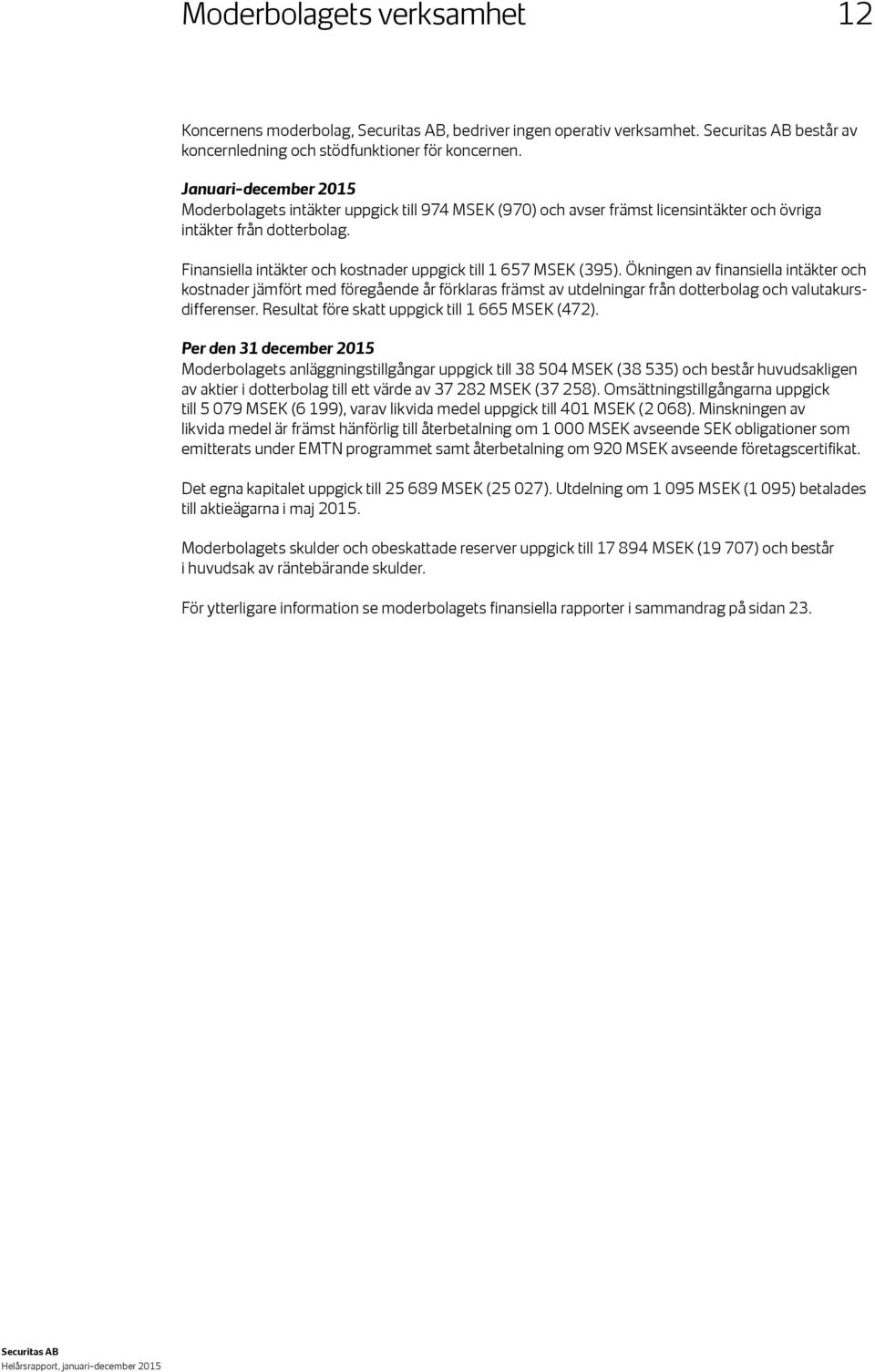 Ökningen av finansiella intäkter och kostnader jämfört med föregående år förklaras främst av utdelningar från dotterbolag och valutakursdifferenser. Resultat före skatt uppgick till 1 665 (472).