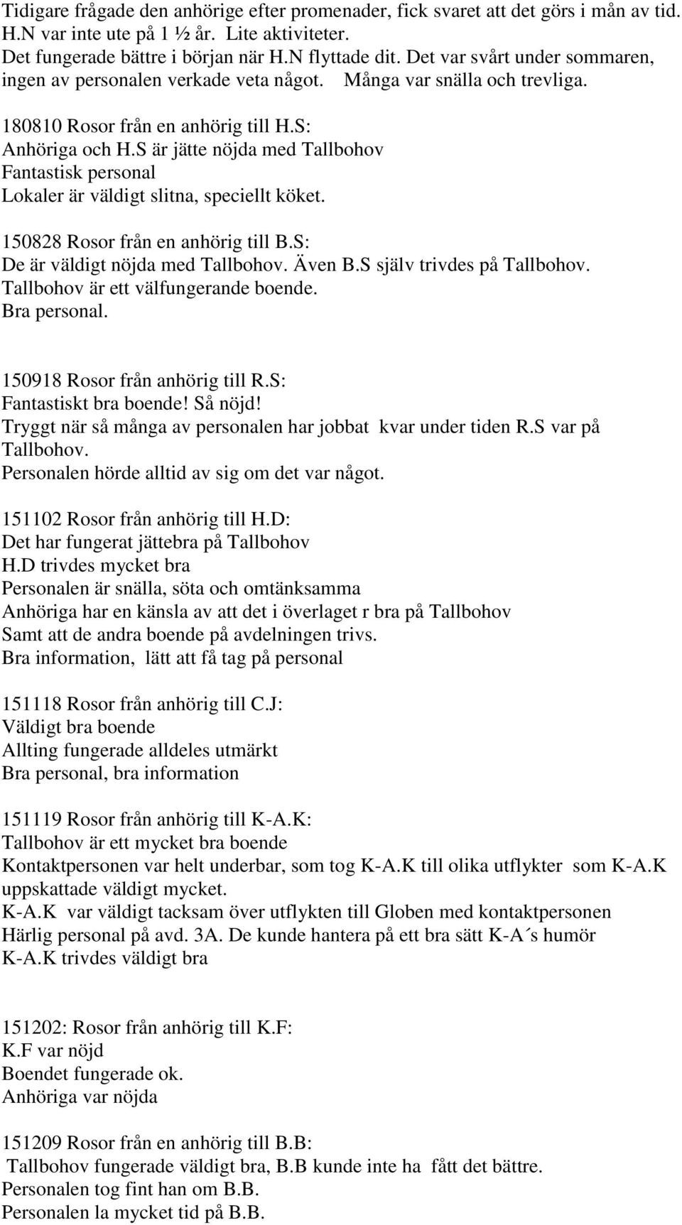 S är jätte nöjda med Tallbohov Fantastisk personal Lokaler är väldigt slitna, speciellt köket. 150828 Rosor från en anhörig till B.S: De är väldigt nöjda med Tallbohov. Även B.