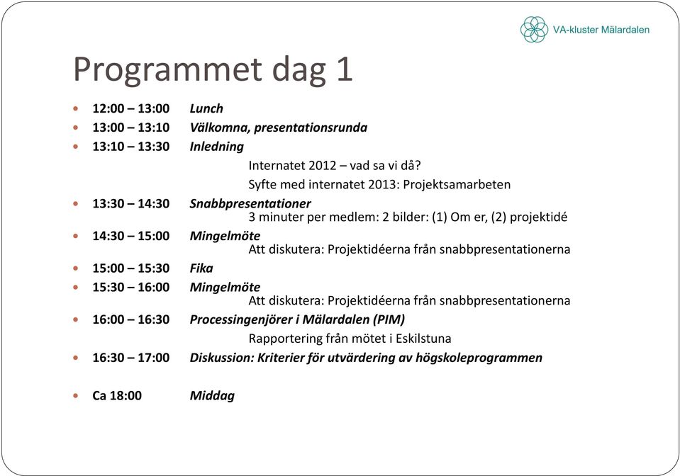 Mingelmöte Att diskutera: Projektidéerna från snabbpresentationerna 15:00 15:30 Fika 15:30 16:00 Mingelmöte Att diskutera: Projektidéerna från