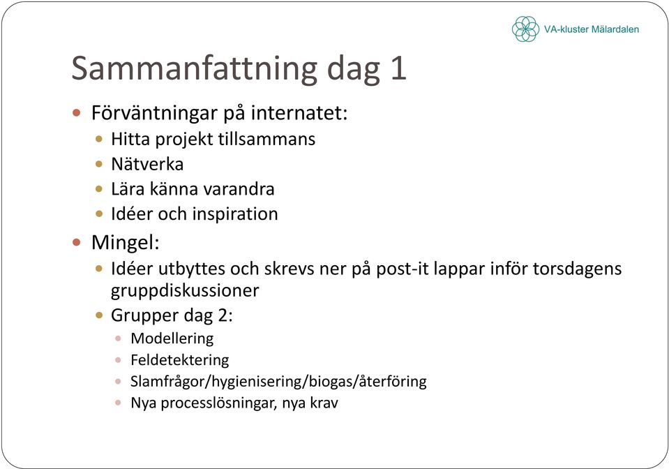 skrevs ner på post-it lappar inför torsdagens gruppdiskussioner Grupper dag 2: