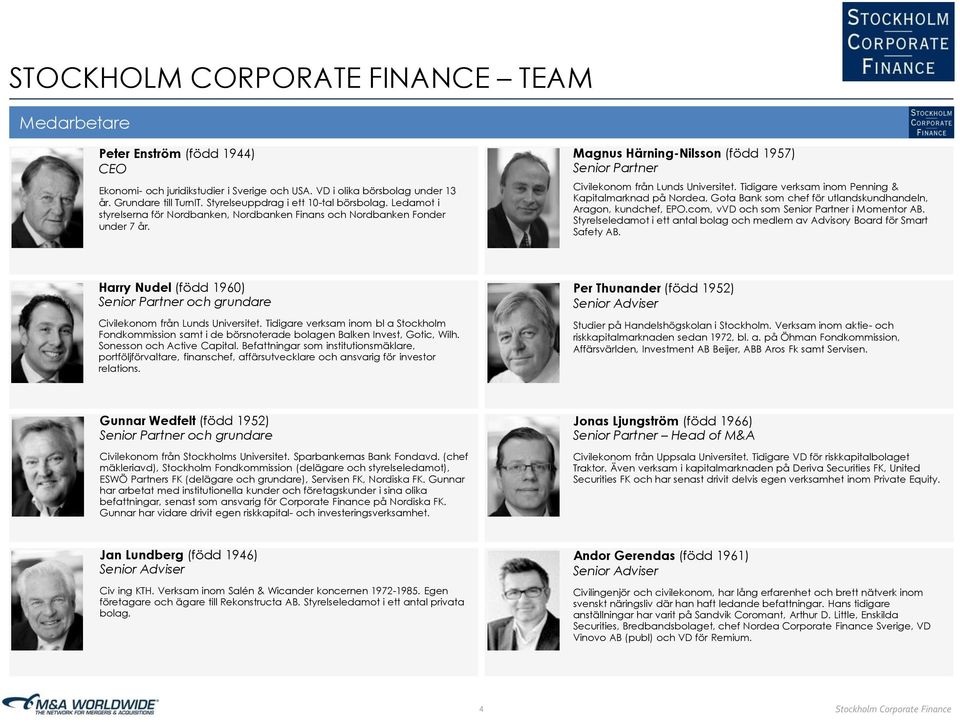 Magnus Härning-Nilssn (född 1957) Senir Partner Civileknm från Lunds Universitet. Tidigare verksam inm Penning & Kapitalmarknad på Nrdea, Gta Bank sm chef för utlandskundhandeln, Aragn, kundchef, EPO.