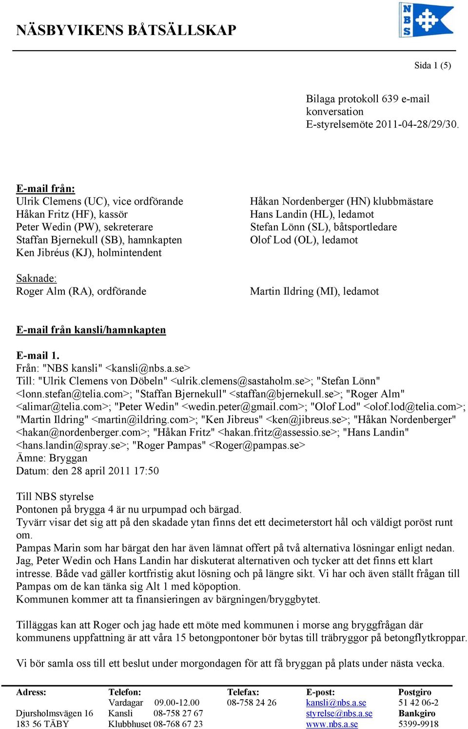 ordförande Håkan Nordenberger (HN) klubbmästare Hans Landin (HL), ledamot Stefan Lönn (SL), båtsportledare Olof Lod (OL), ledamot Martin Ildring (MI), ledamot E-mail från kansli/hamnkapten E-mail 1.