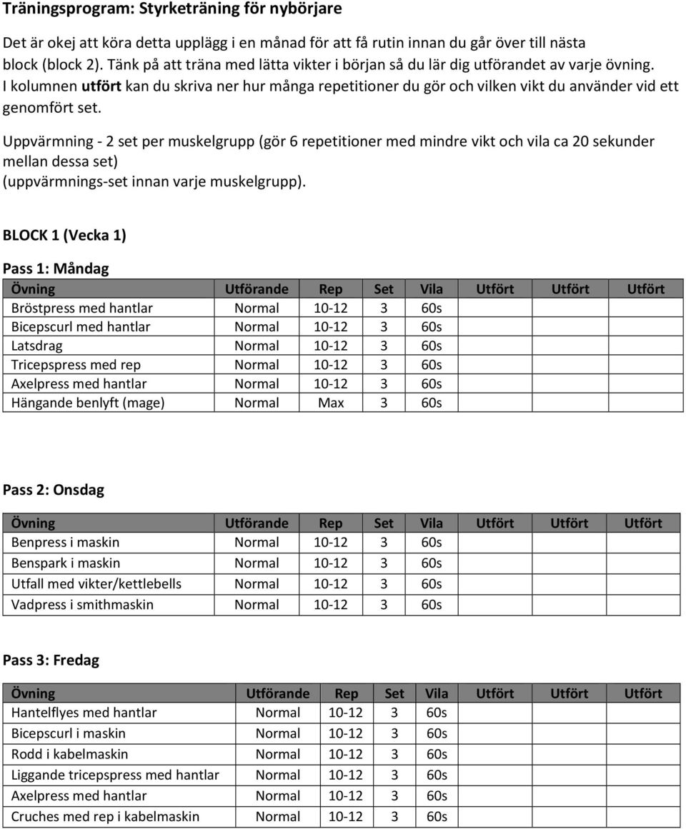 I kolumnen utfört kan du skriva ner hur många repetitioner du gör och vilken vikt du använder vid ett genomfört set.