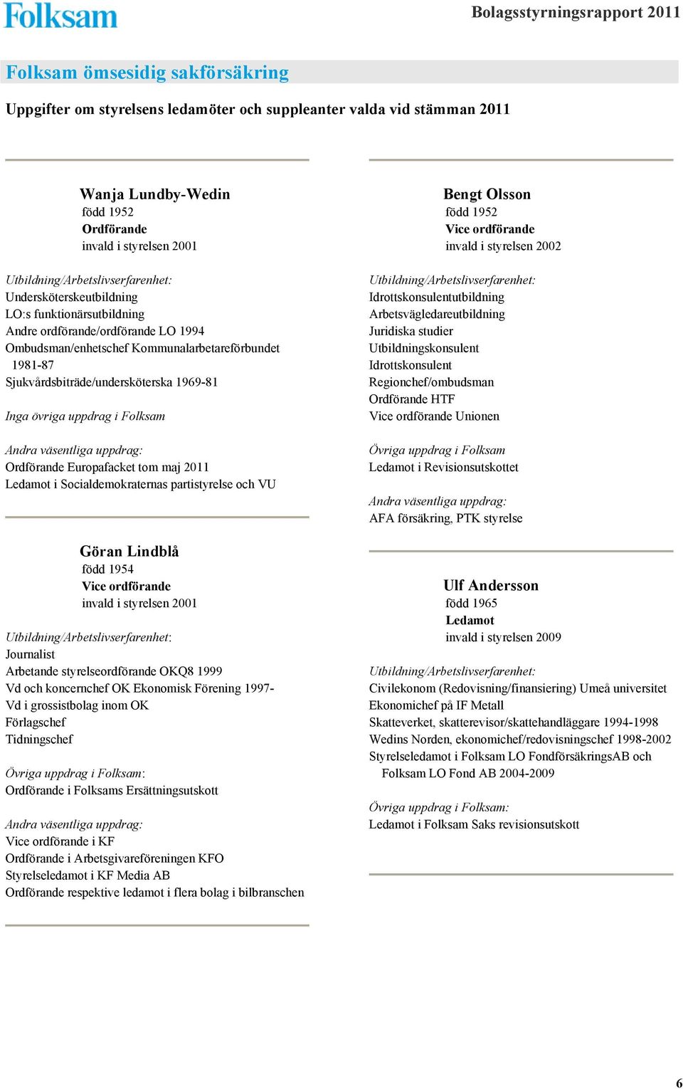 och VU Göran Lindblå född 1954 Vice ordförande invald i styrelsen 2001 Journalist Arbetande styrelseordförande OKQ8 1999 Vd och koncernchef OK Ekonomisk Förening 1997- Vd i grossistbolag inom OK