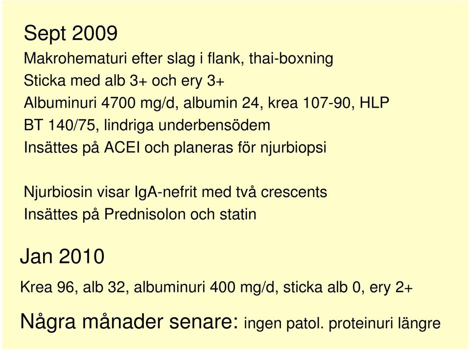 njurbiopsi Njurbiosin visar IgA-nefrit med två crescents Insättes på Prednisolon och statin Jan 2010