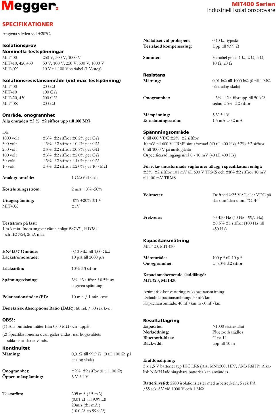 testspänning) MIT400 20 GΩ MIT410 100 GΩ MIT420, 430 200 GΩ MIT40X 20 GΩ Nolloffset vid probspets: Testsladd kompensering: 0,10 Ω typiskt Upp till 9.