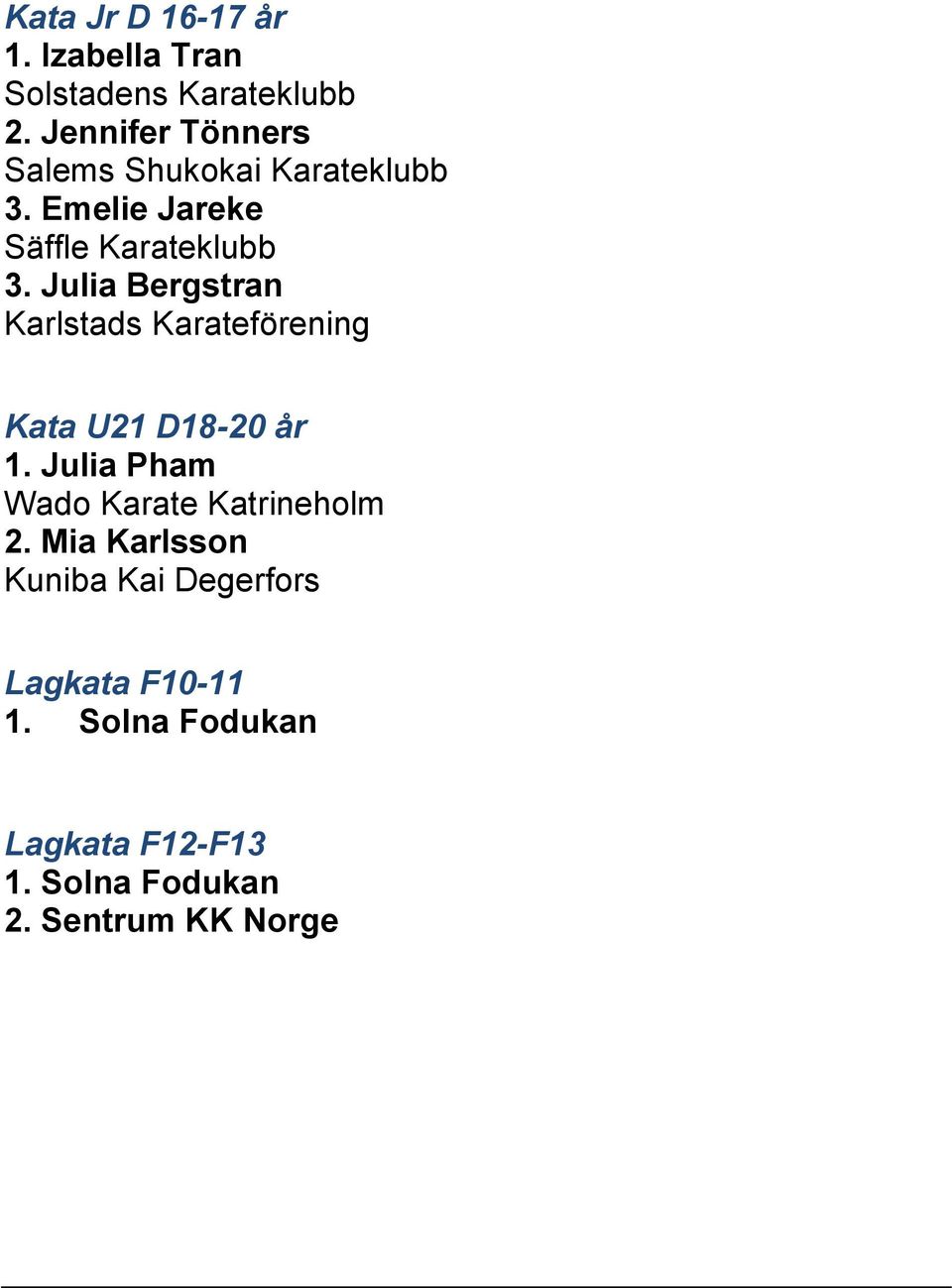 Julia Bergstran Karlstads Karateförening Kata U21 D18-20 år 1.