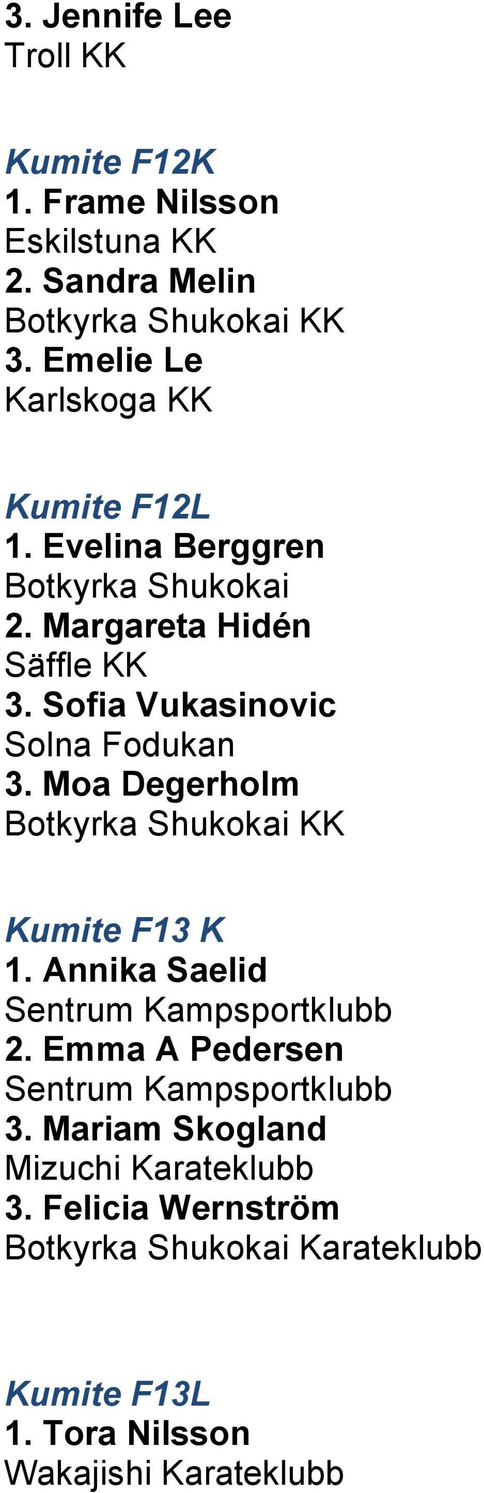 Sofia Vukasinovic 3. Moa Degerholm Kumite F13 K 1. Annika Saelid Sentrum Kampsportklubb 2.