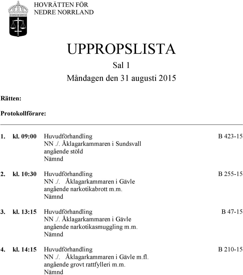 Åklagarkammaren i Gävle angående narkotikabrott m.m. 3. kl. 13:15 Huvudförhandling B 47-15 NN./.