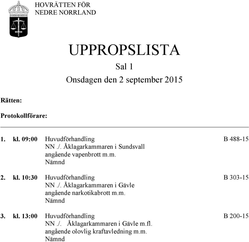 10:30 Huvudförhandling B 303-15 NN./.