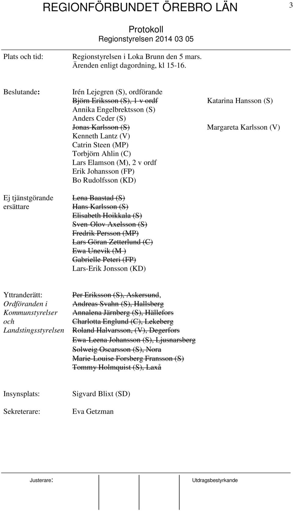 Torbjörn Ahlin (C) Lars Elamson (M), 2 v ordf Erik Johansson (FP) Bo Rudolfsson (KD) Lena Baastad (S) Hans Karlsson (S) Elisabeth Hoikkala (S) Sven-Olov Axelsson (S) Fredrik Persson (MP) Lars Göran
